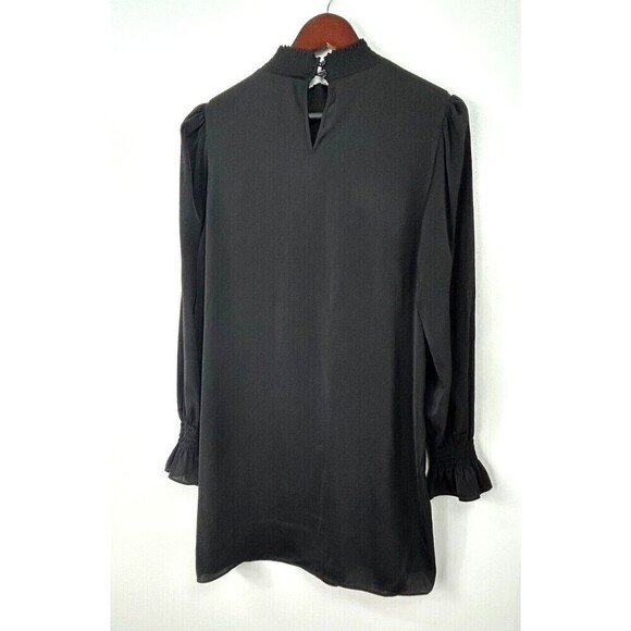 Elan Womens Size M Black Mini Dress Mock Neck Sheer Unlined Ruffle Smocked U4 - Picture 10 of 12